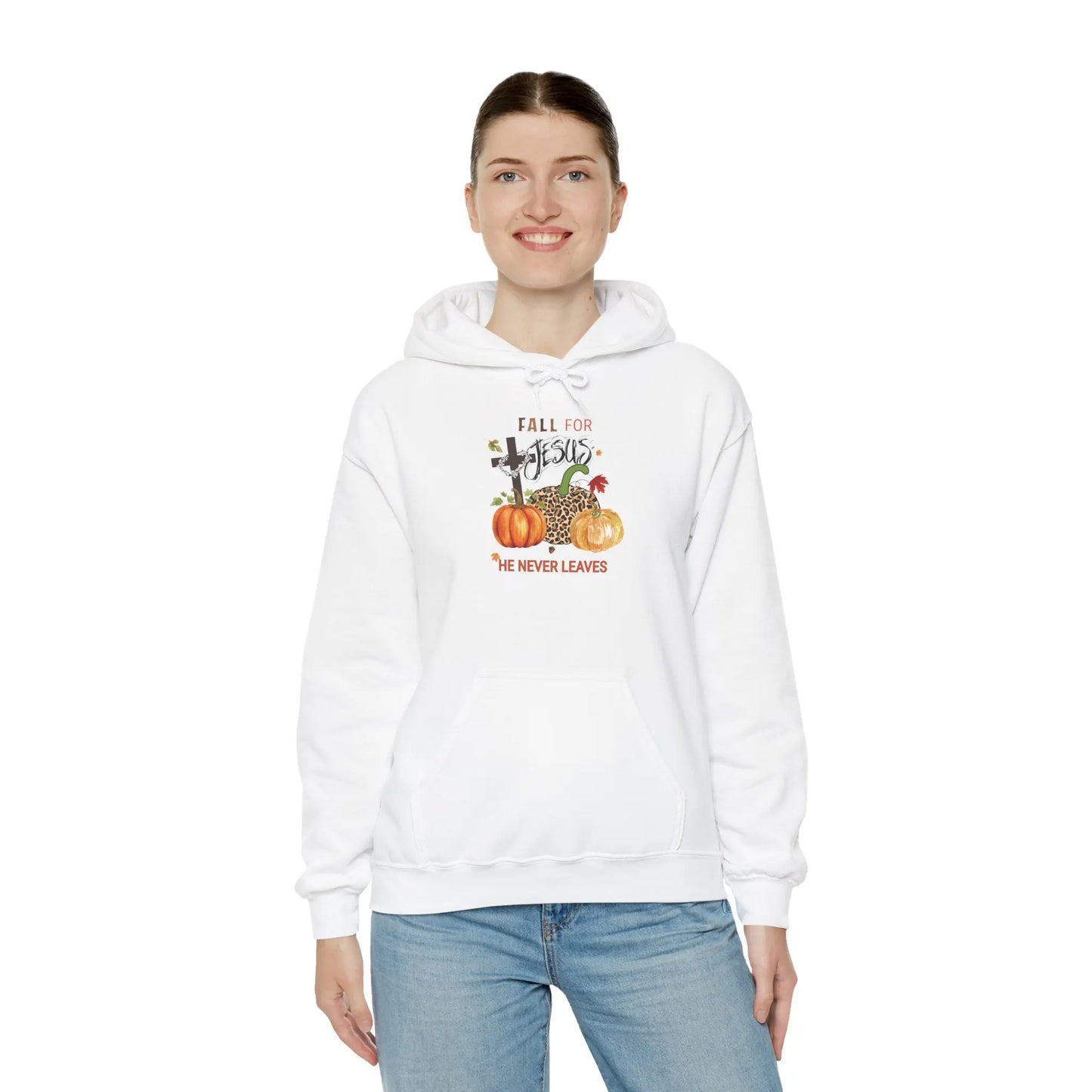 Fall for Jesus Hoodie Christian Autumn Sweatshirt He Never Leaves Faith-Based Pullover