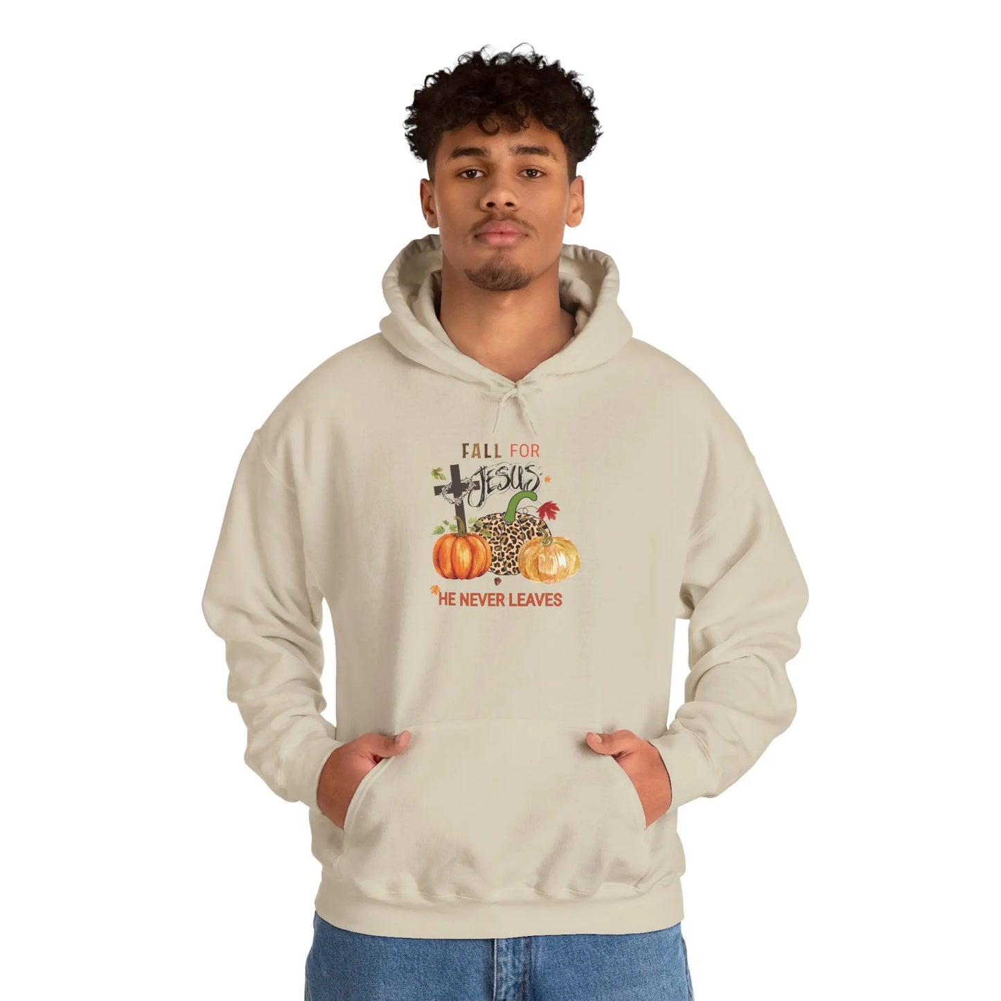 Fall for Jesus Hoodie Christian Autumn Sweatshirt He Never Leaves Faith-Based Pullover