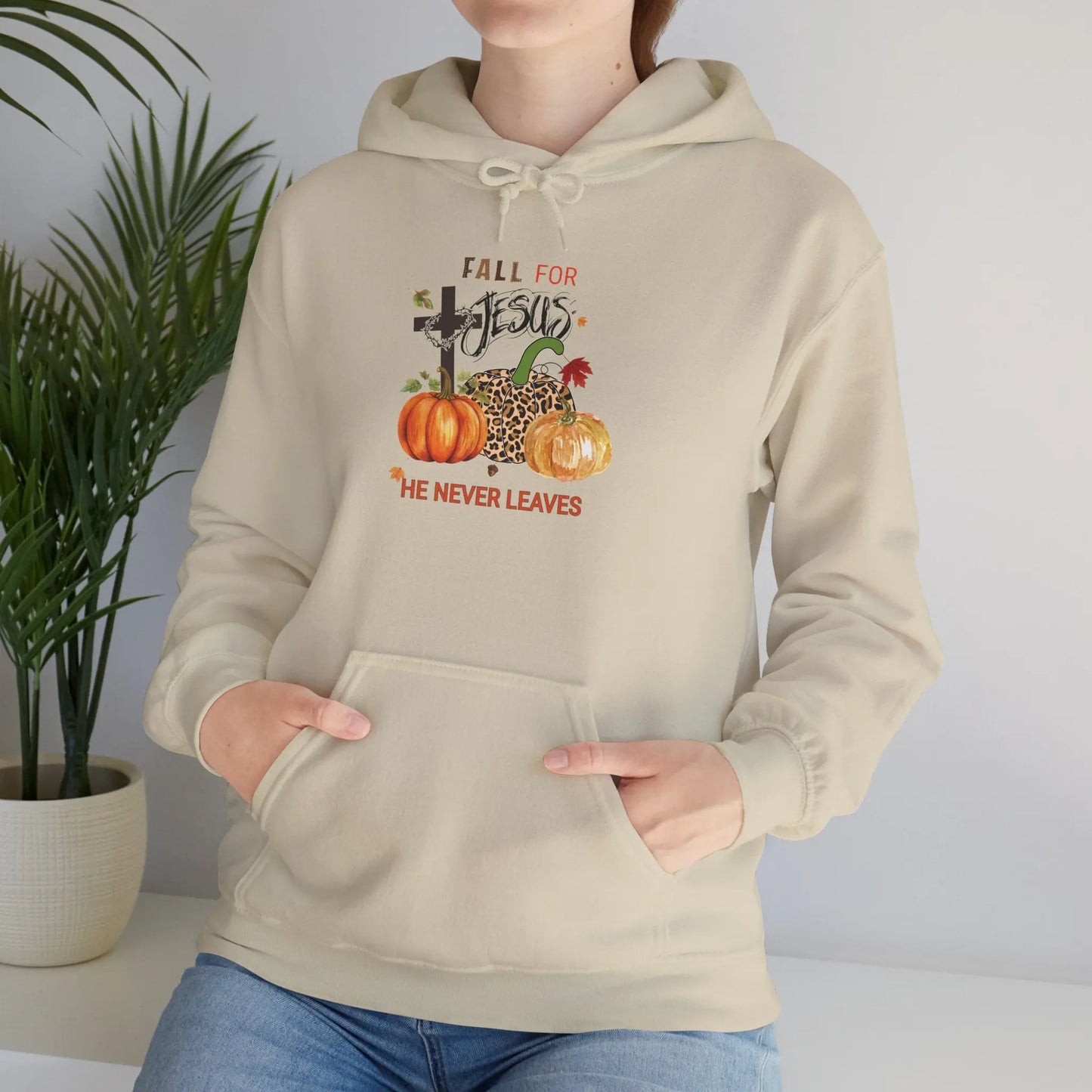 Fall for Jesus Hoodie Christian Autumn Sweatshirt He Never Leaves Faith-Based Pullover
