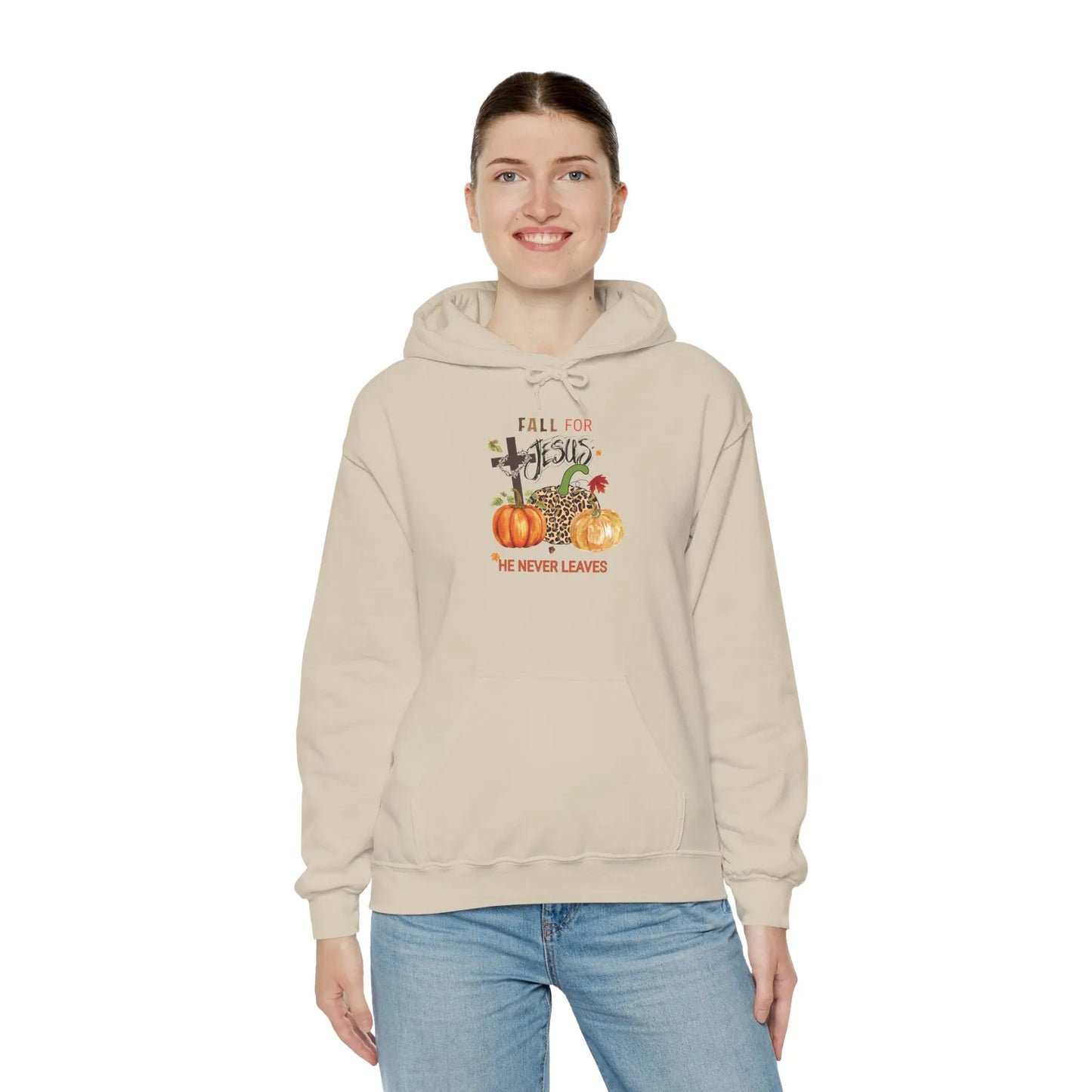 Fall for Jesus Hoodie Christian Autumn Sweatshirt He Never Leaves Faith-Based Pullover