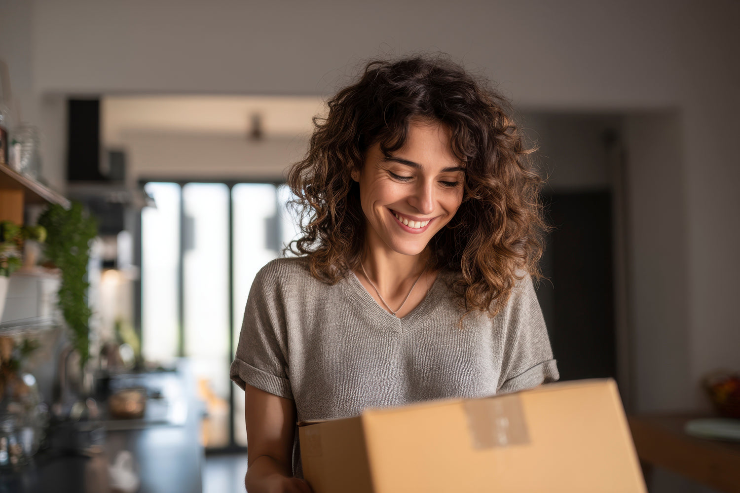 Woman opening a package cardboard box in a kitchen