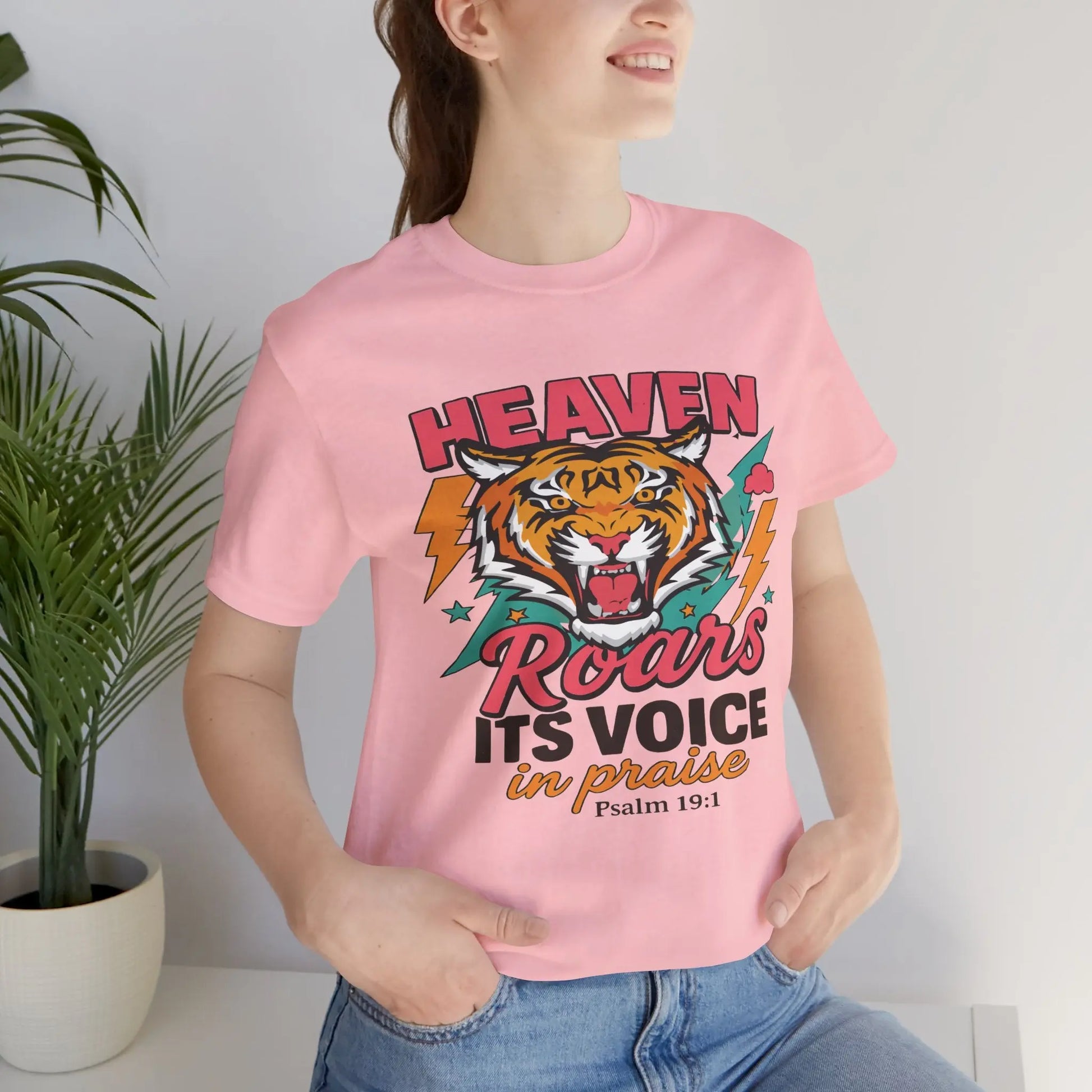 Psalm 19:1 Heaven Roars Shirt – Christian Graphic Tee with Tiger & Lightning Printify