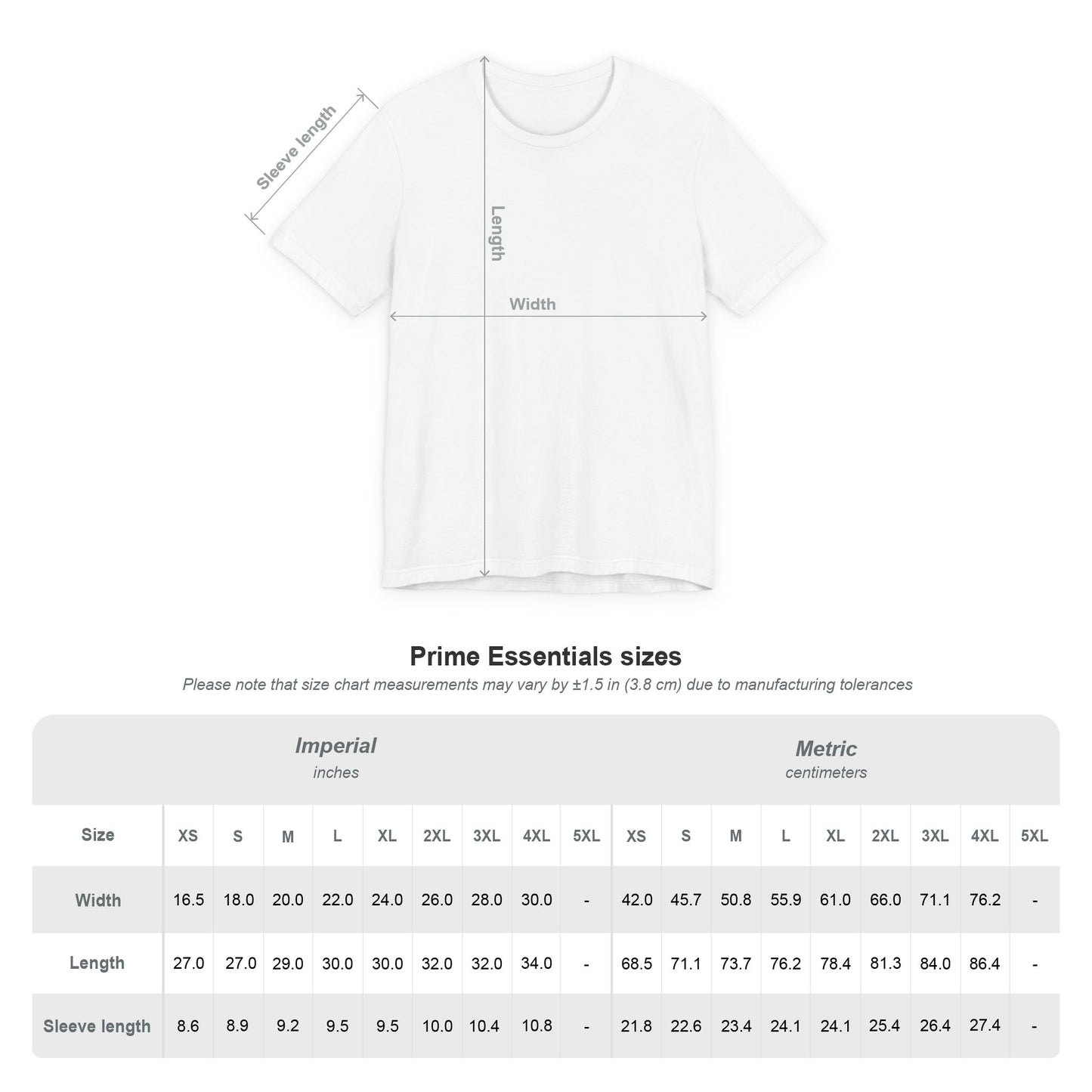 White t-shirt with measurement chart on a white background