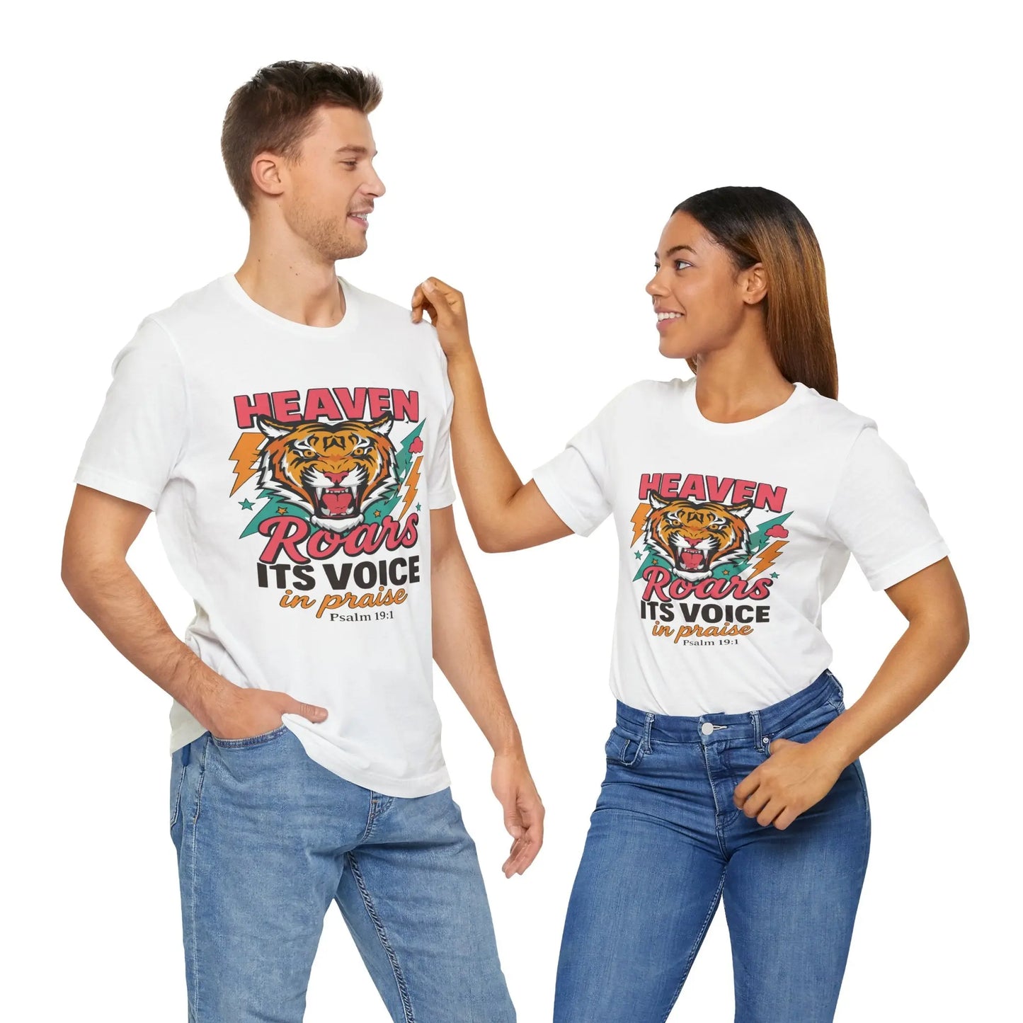 Psalm 19:1 Heaven Roars Shirt – Christian Graphic Tee with Tiger & Lightning Printify