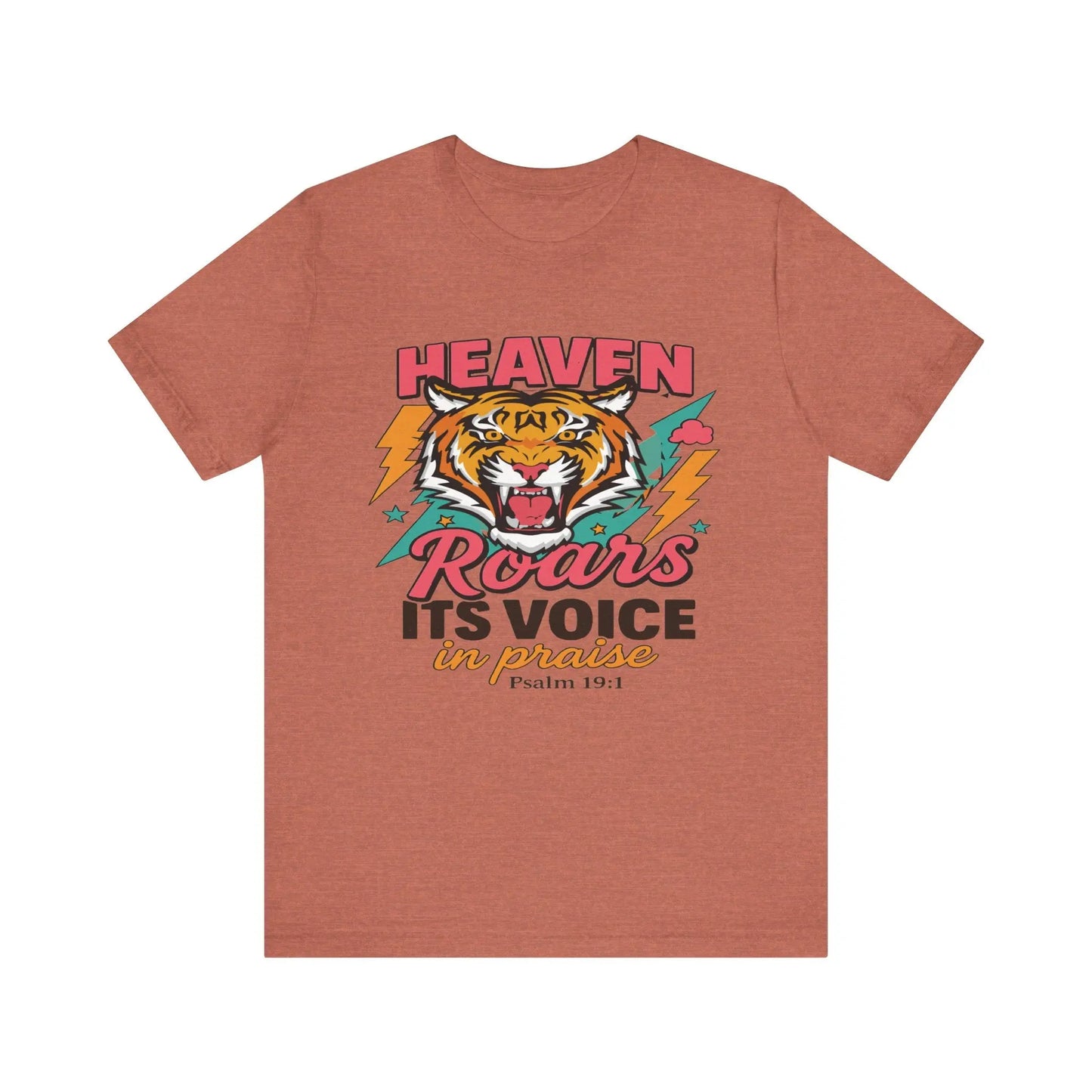 Psalm 19:1 Heaven Roars Shirt – Christian Graphic Tee with Tiger & Lightning Printify