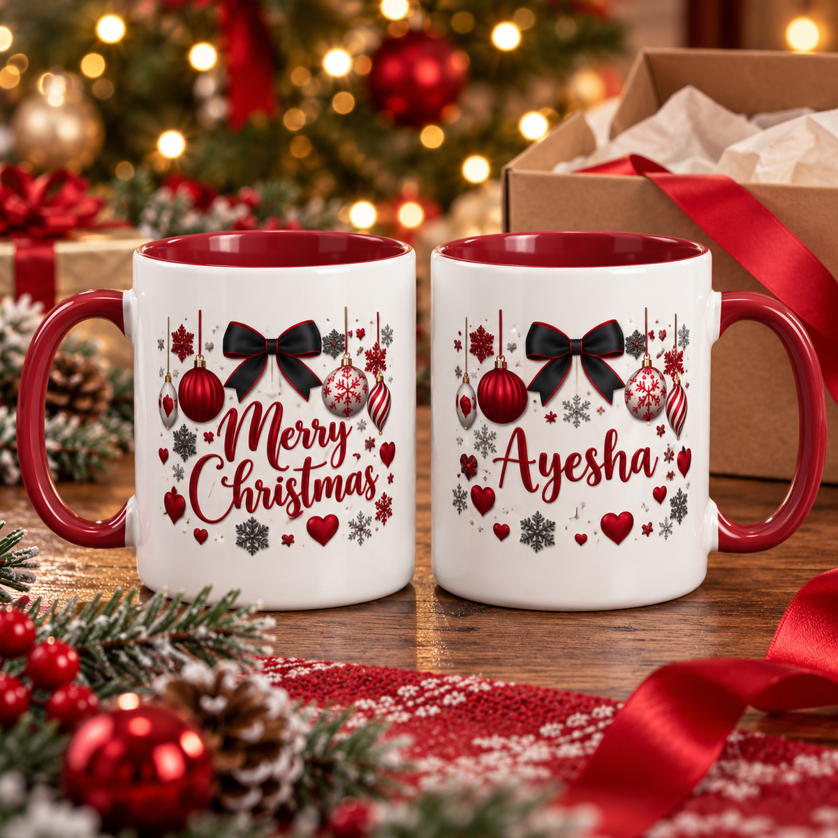     Two matching Christmas mugs showing the personalized Ayesha side and Merry Christmas side beside a holiday gift box.