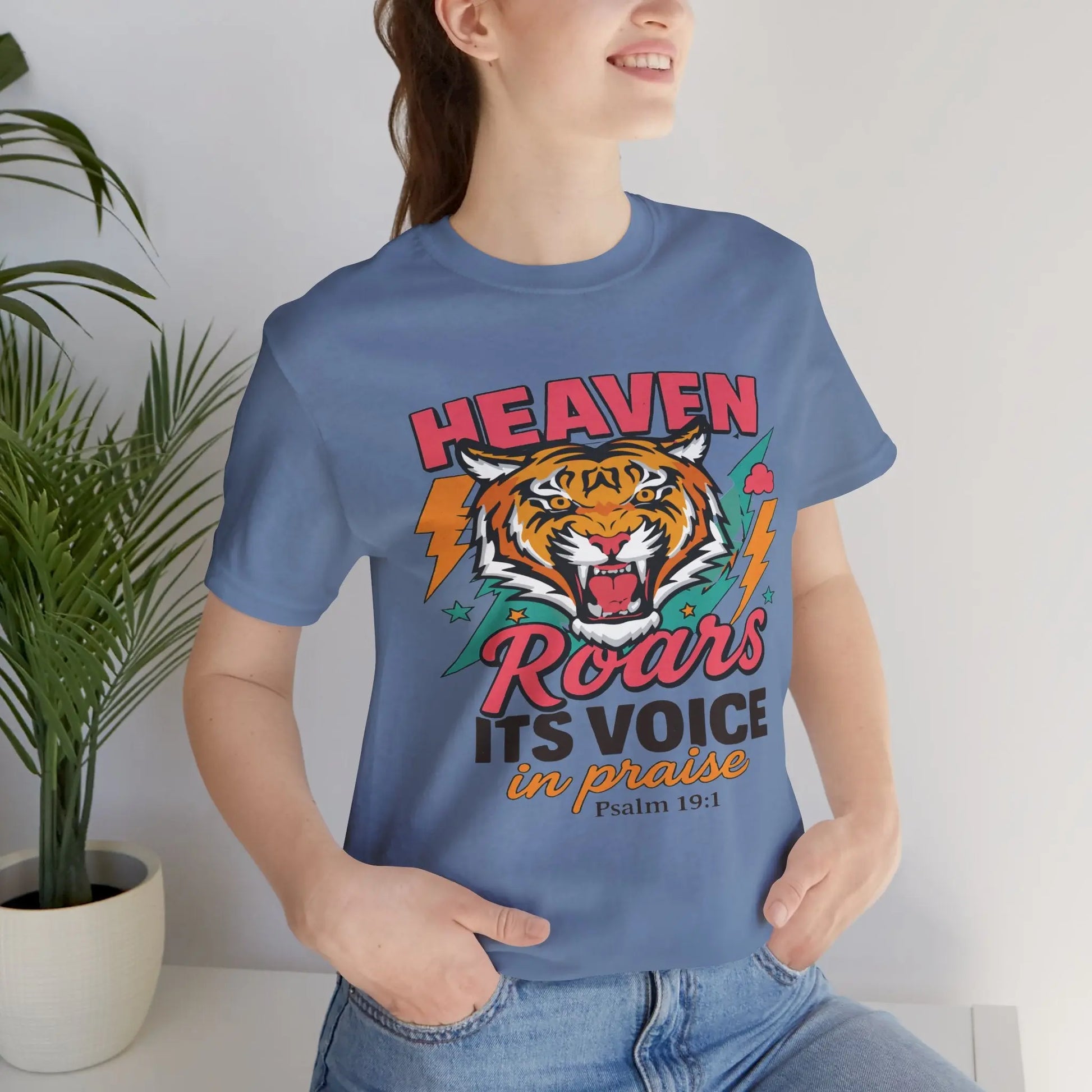 Psalm 19:1 Heaven Roars Shirt – Christian Graphic Tee with Tiger & Lightning Printify