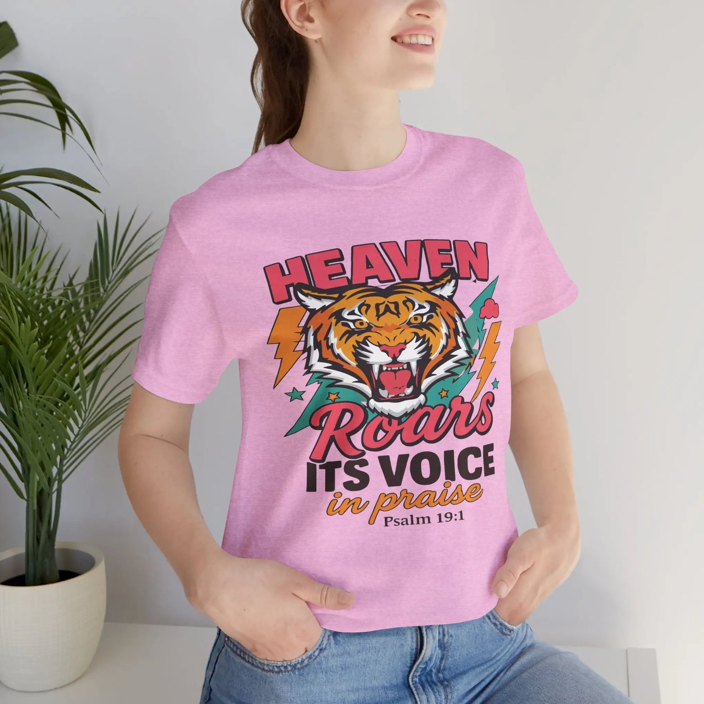 Psalm 19:1 Heaven Roars Shirt – Christian Graphic Tee with Tiger & Lightning Printify