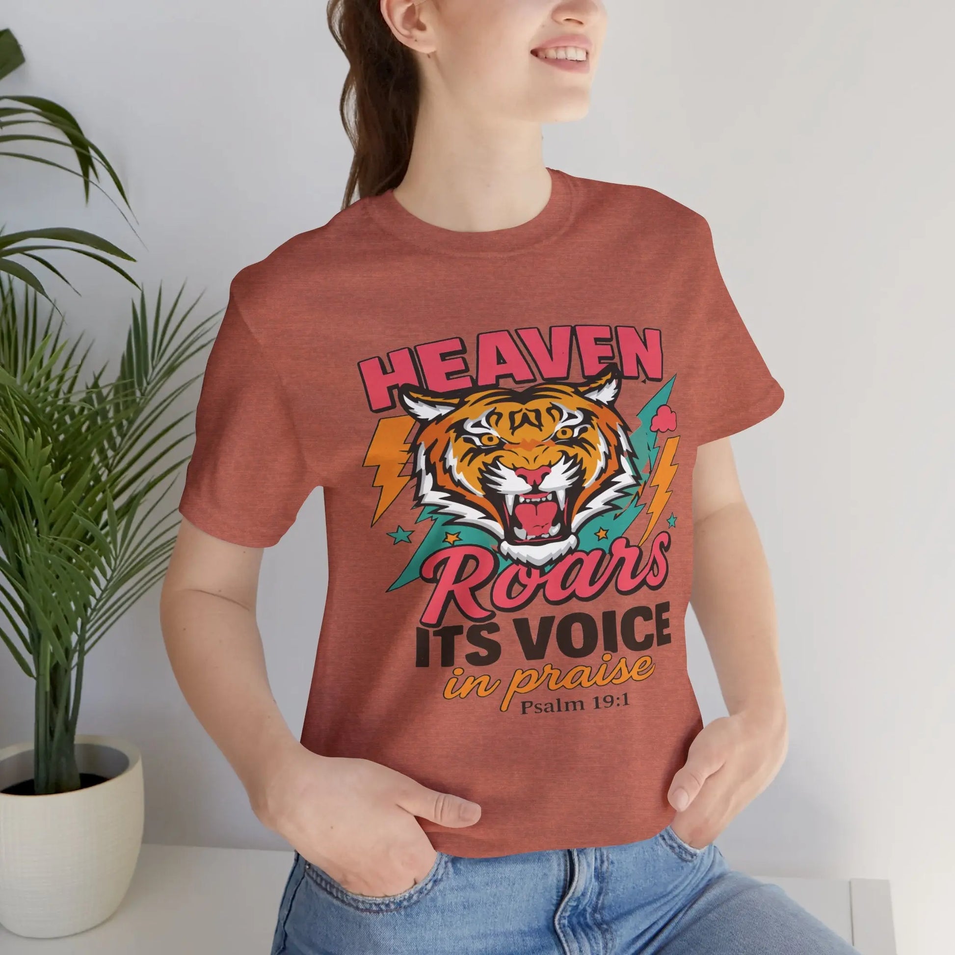 Psalm 19:1 Heaven Roars Shirt – Christian Graphic Tee with Tiger & Lightning Printify