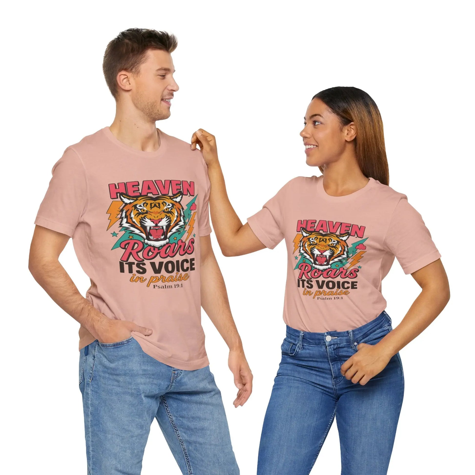 Psalm 19:1 Heaven Roars Shirt – Christian Graphic Tee with Tiger & Lightning Printify