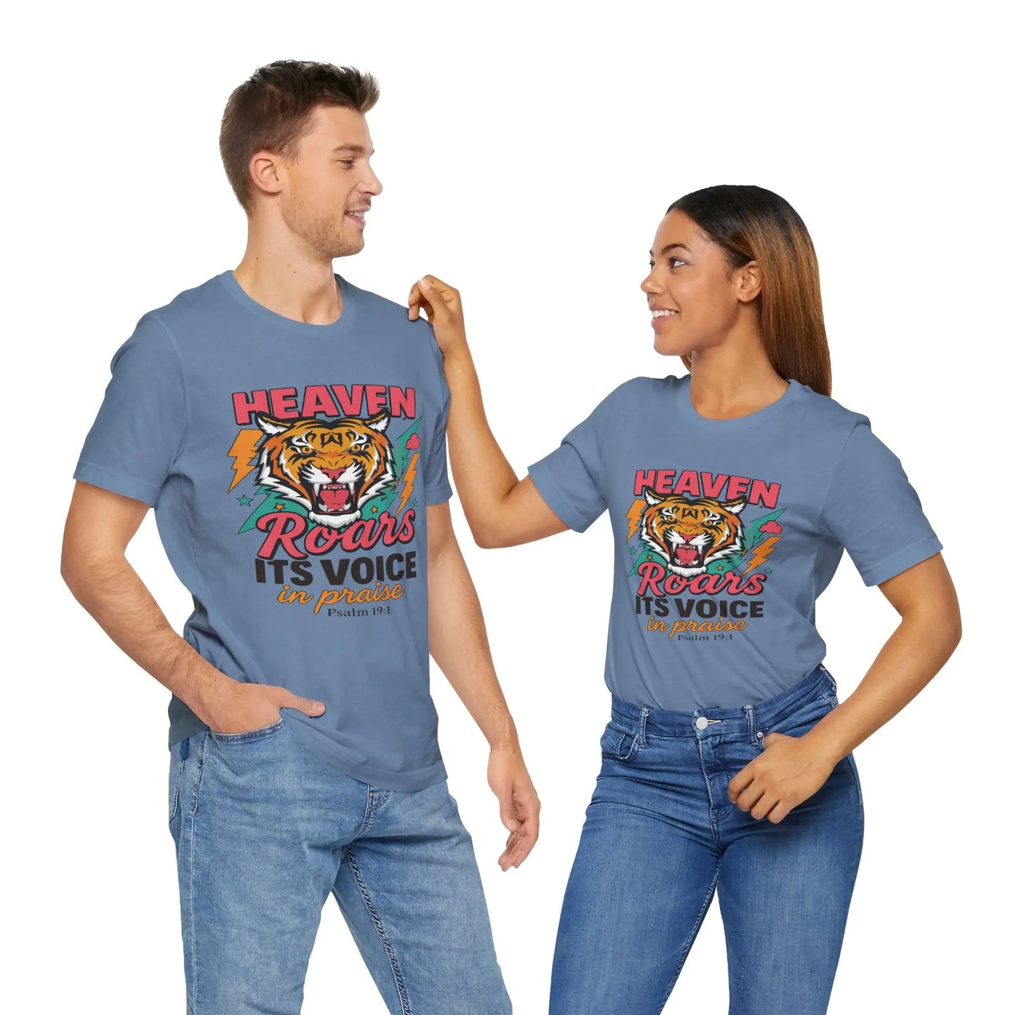 Psalm 19:1 Heaven Roars Shirt – Christian Graphic Tee with Tiger & Lightning Printify