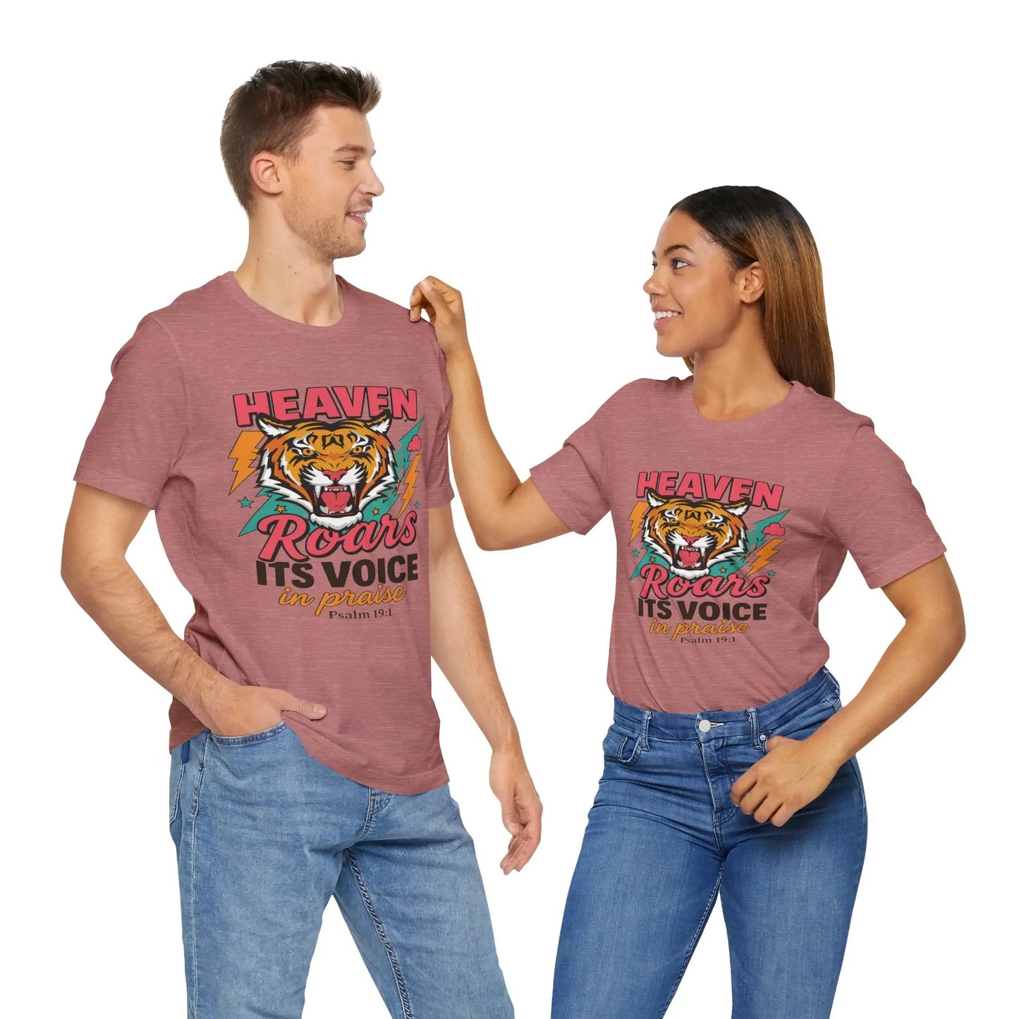 Psalm 19:1 Heaven Roars Shirt – Christian Graphic Tee with Tiger & Lightning Printify
