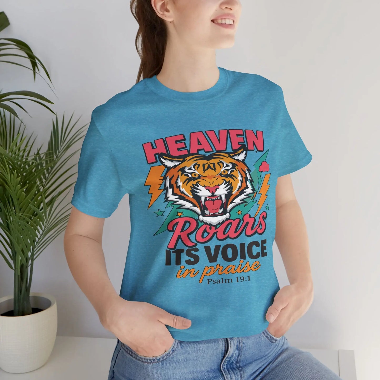 Psalm 19:1 Heaven Roars Shirt – Christian Graphic Tee with Tiger & Lightning Printify