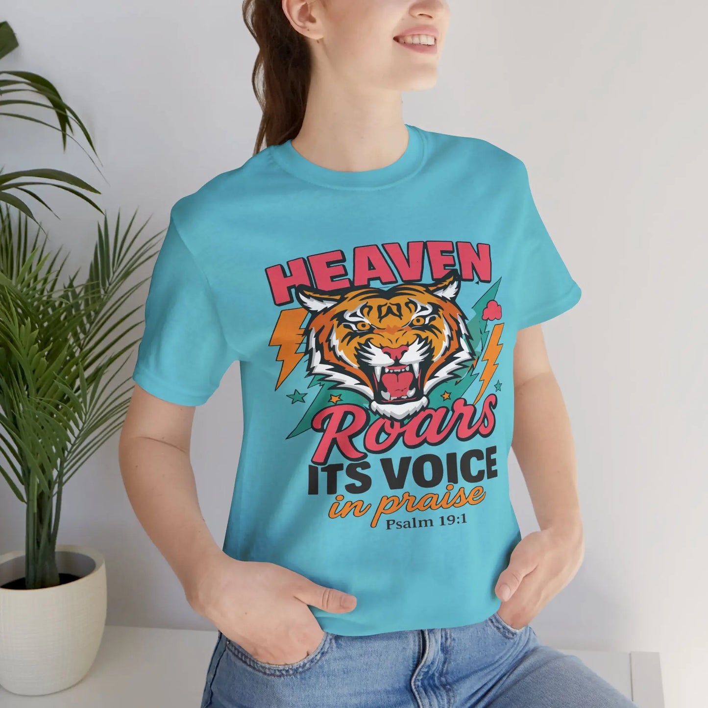 Psalm 19:1 Heaven Roars Shirt – Christian Graphic Tee with Tiger & Lightning Printify