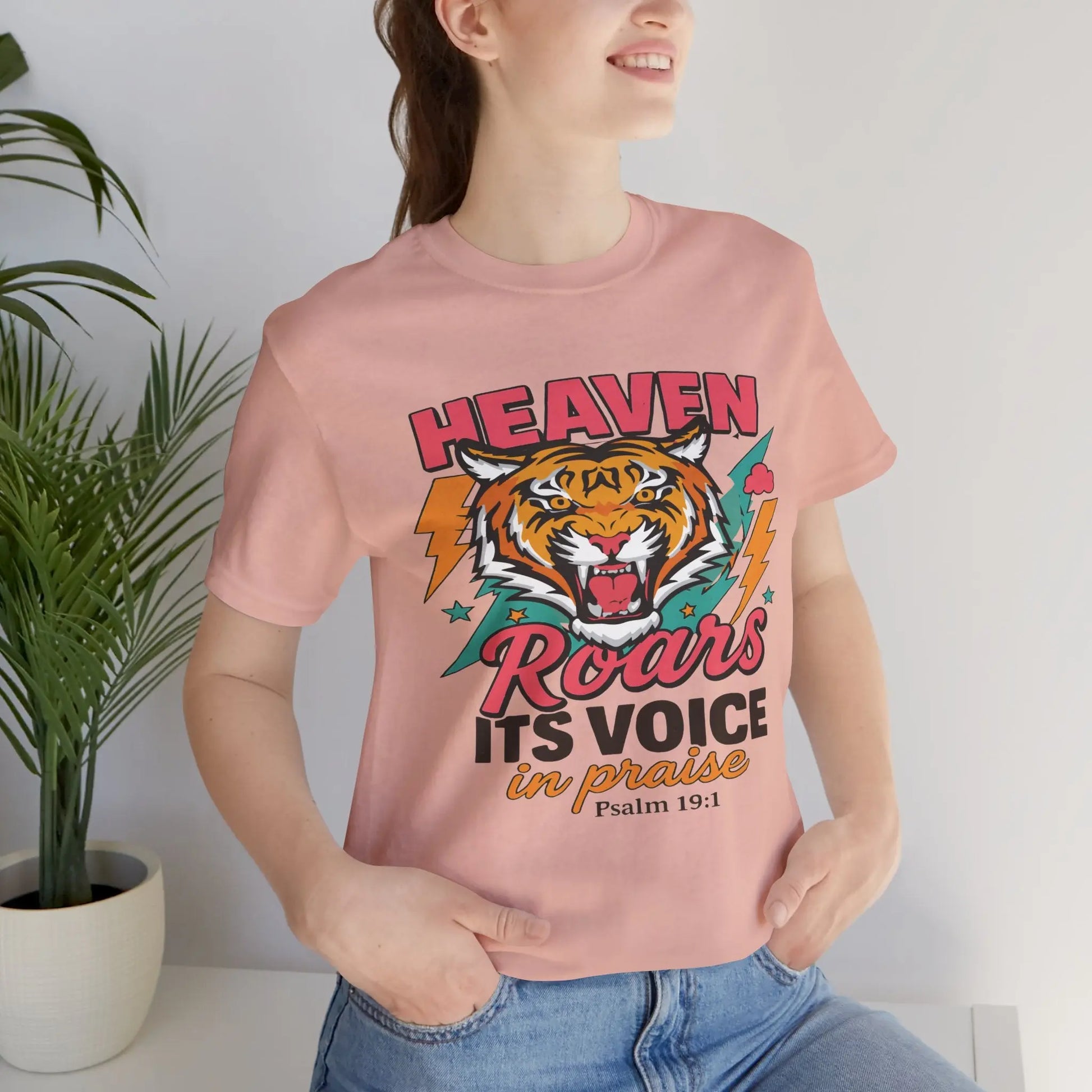 Psalm 19:1 Heaven Roars Shirt – Christian Graphic Tee with Tiger & Lightning Printify