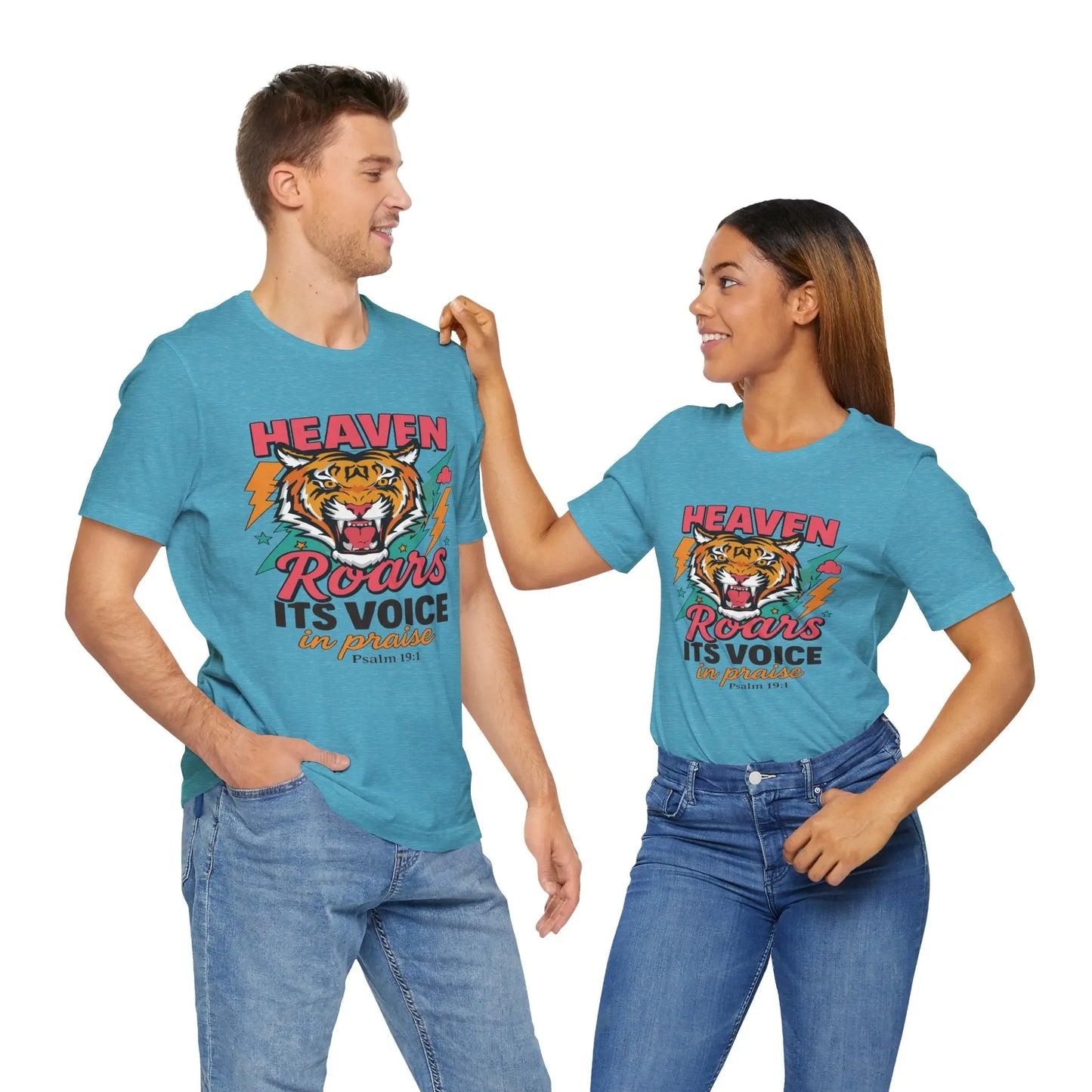 Psalm 19:1 Heaven Roars Shirt – Christian Graphic Tee with Tiger & Lightning Printify
