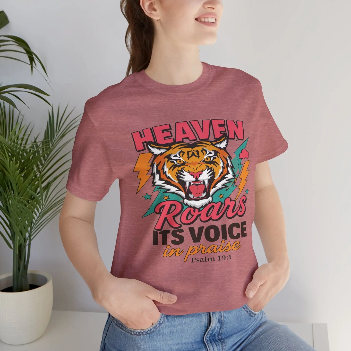 Psalm 19:1 Heaven Roars Shirt – Christian Graphic Tee with Tiger & Lightning Printify