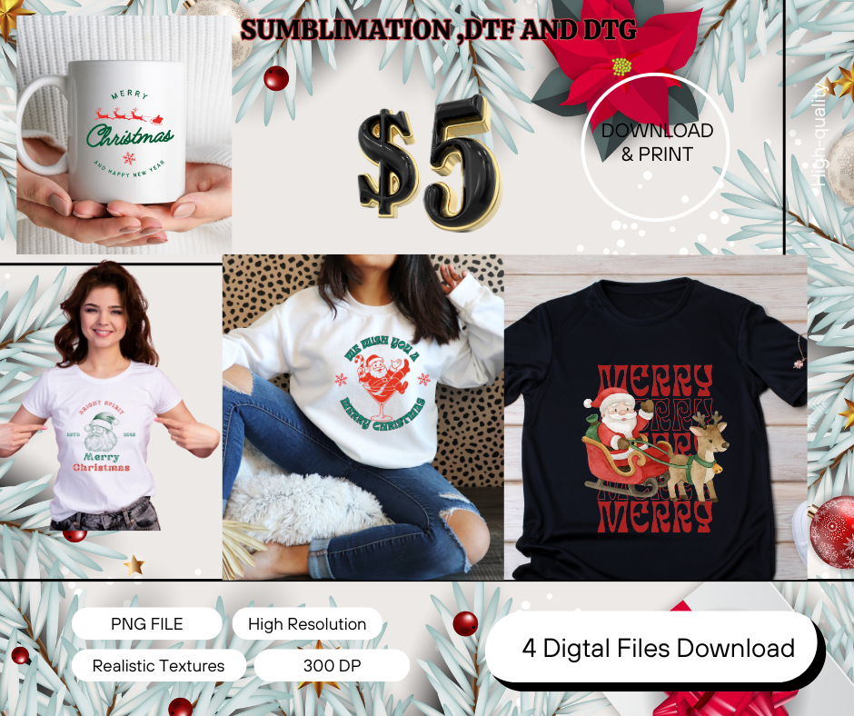 “Merry Christmas” in modern typography with snowflakes and holly, designed for mug sublimation