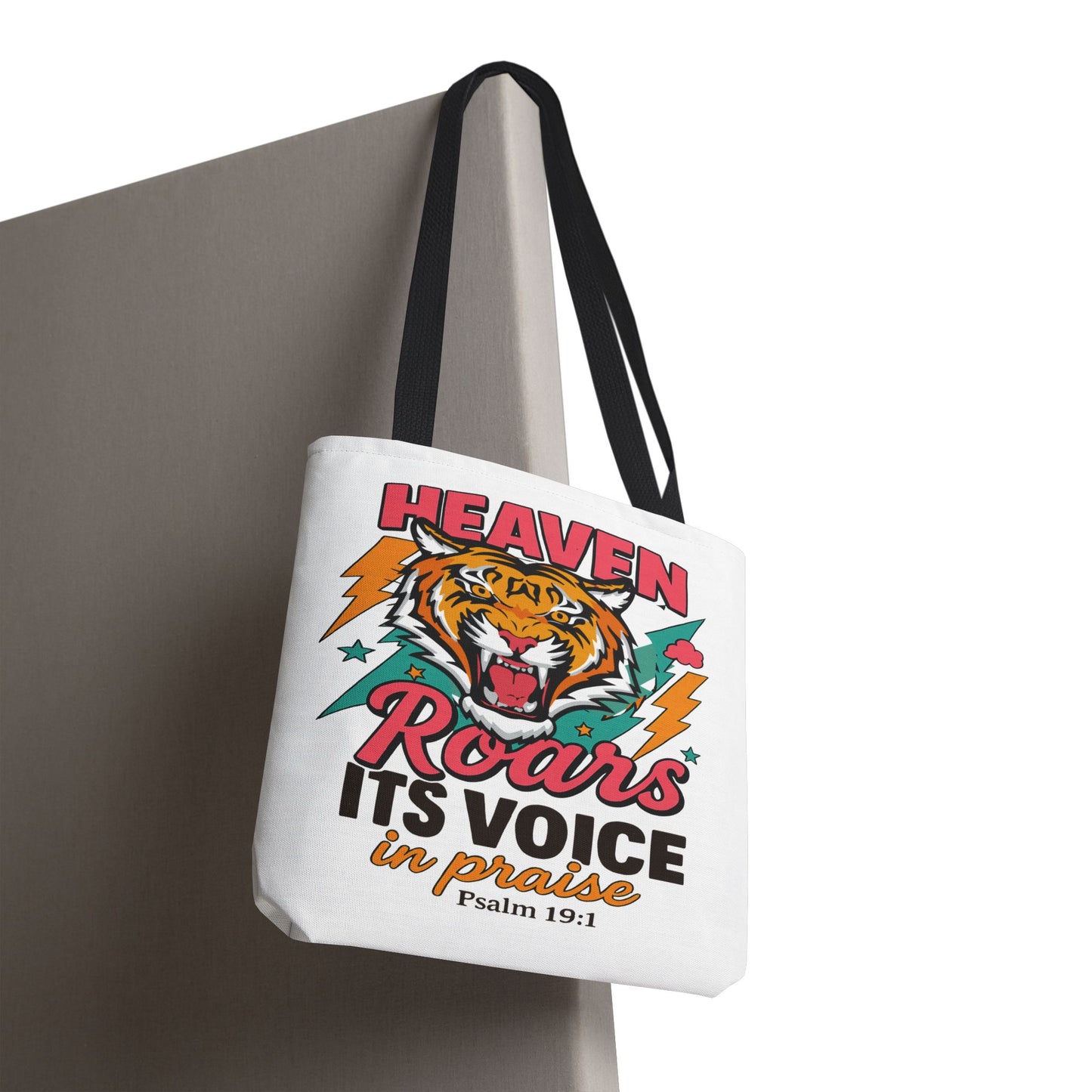 Heaven Roars Tote Bag – Christian Faith Tote with Tiger & Lightning Design (AOP)