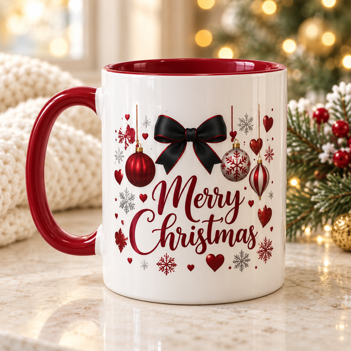     White mug with red handle displaying Merry Christmas in red script with a black bow, ornaments, hearts, and snowflakes.
