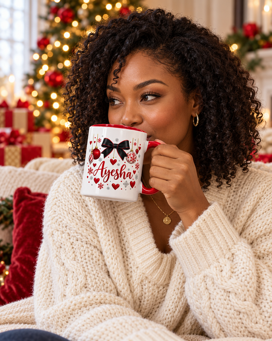        Woman in a cream sweater sipping from a personalized Ayesha Christmas mug beside a decorated Christmas tree.