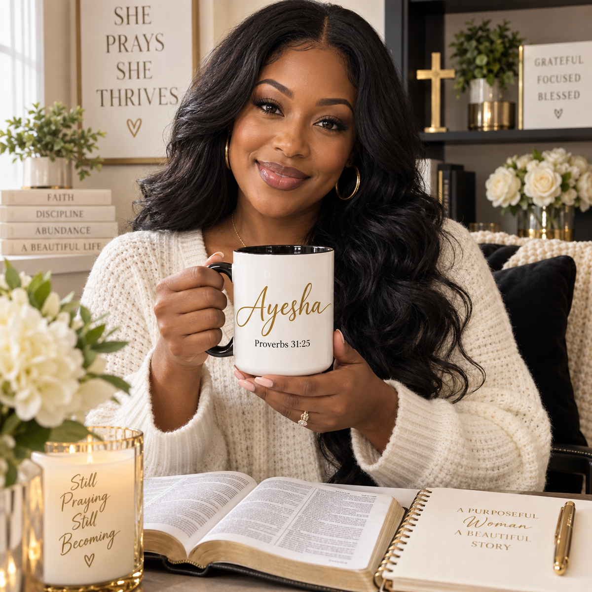 A woman in a cream knit sweater holds a white ceramic mug with a black rim and handle. The mug is printed with the name 'Ayesha' in gold script and the Bible verse 'Proverbs 31:25' below it.