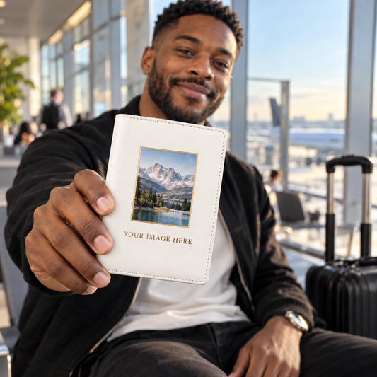 A man in a black jacket and white t-shirt holds up a custom white passport cover with a printed mountain landscape photo and the text 'YOUR IMAGE HERE' and 'YOUR NAME HERE'. The background shows a bright airport terminal with windows, a suitcase, and other travelers.
