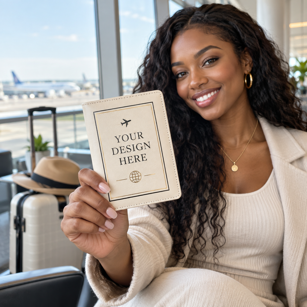 A woman in a beige outfit holds up a personalized passport cover mockup with the text 'YOUR DESIGN HERE' in front of a bright airport window.