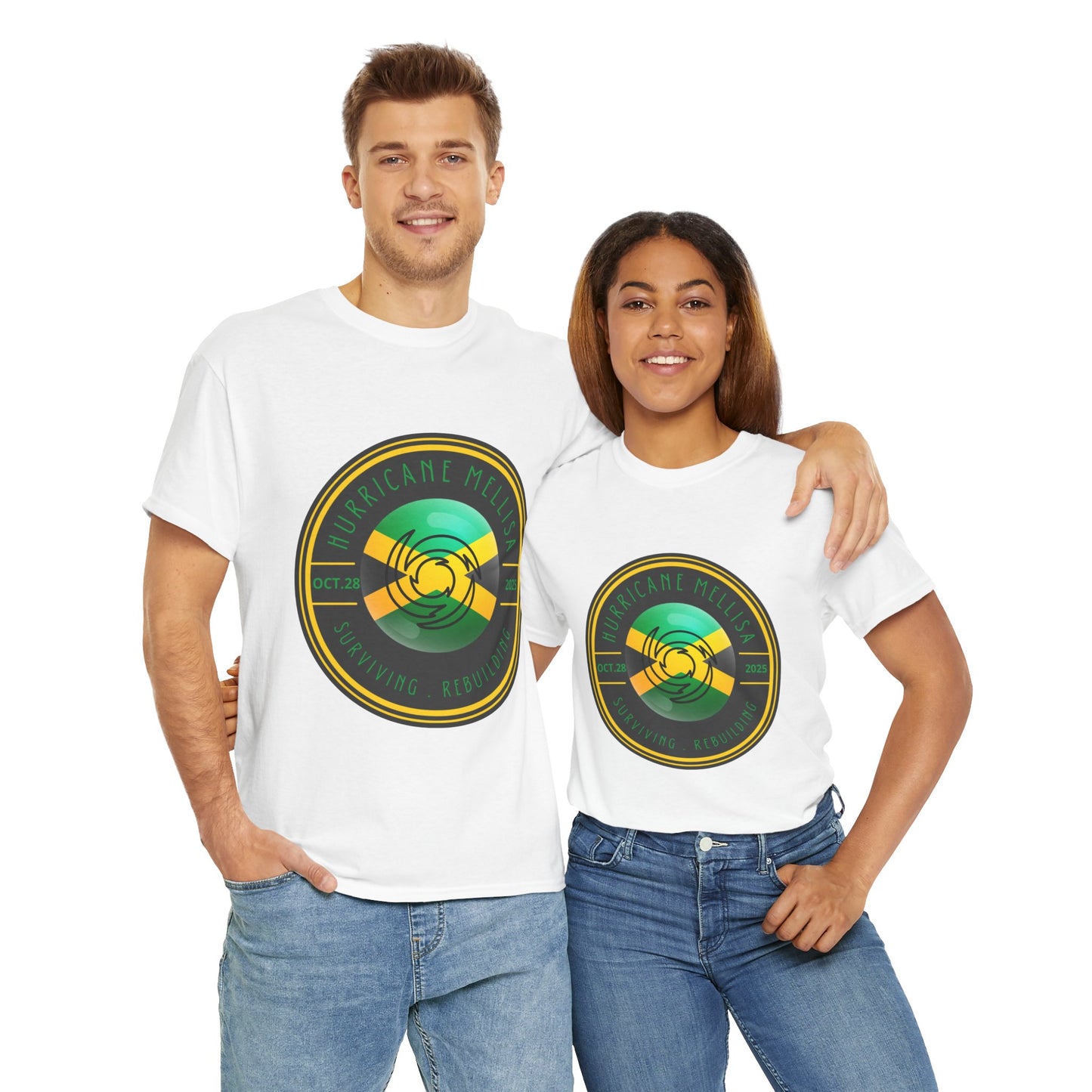 Hurricane Mellisa commemorative t-shirt with Jamaican flag-inspired emblem and the words “Surviving. Rebuilding. October 28, 2025,” 