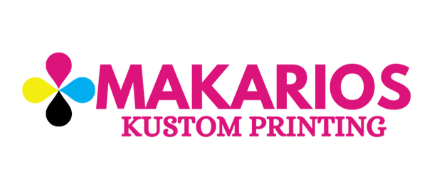 Makarios Kustom Printing logo with CMYK design elements on a white background