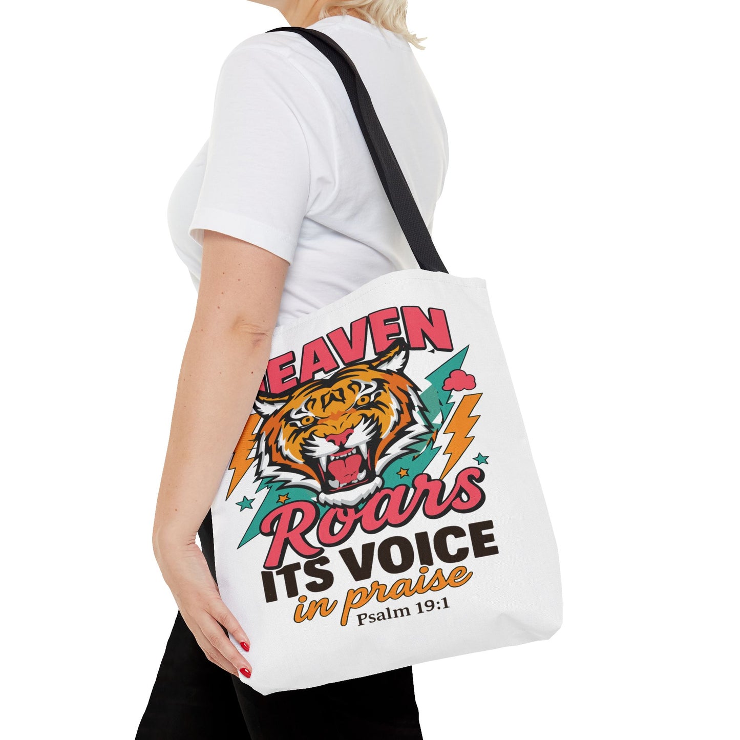 Heaven Roars Tote Bag – Christian Faith Tote with Tiger & Lightning Design (AOP)