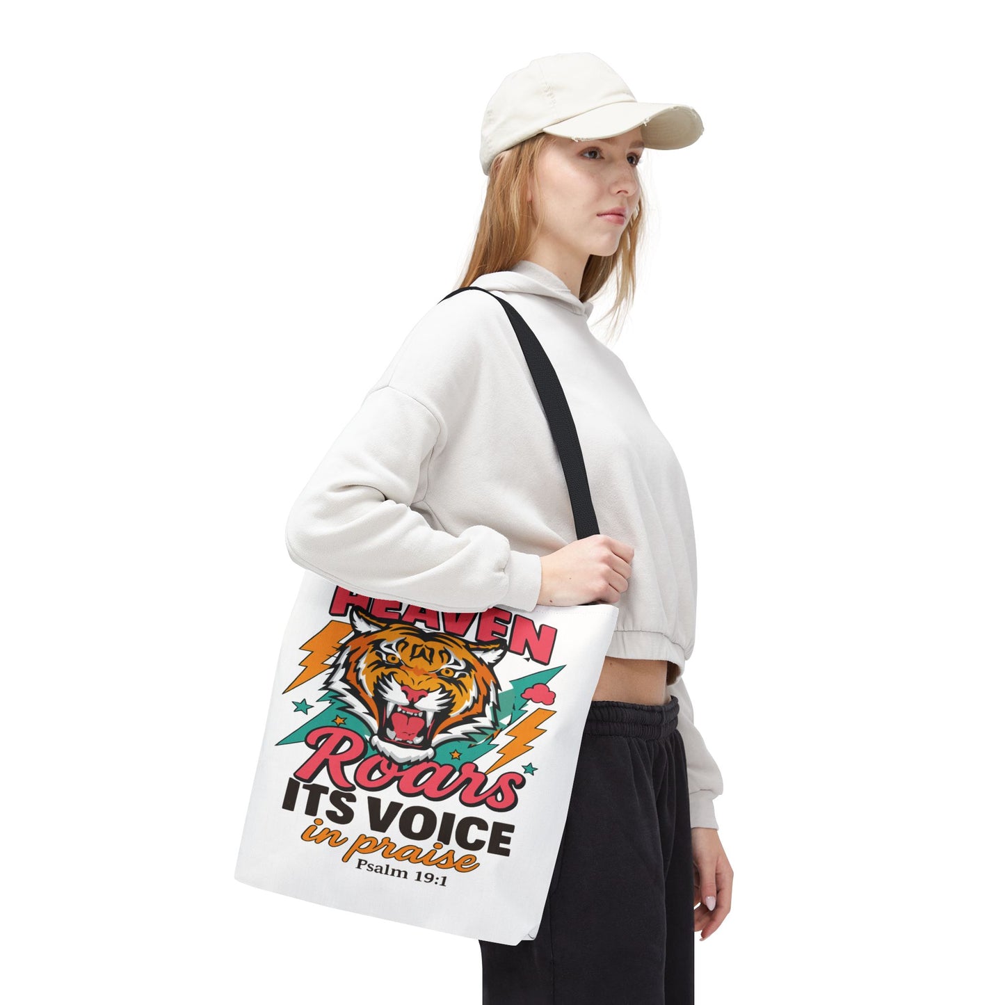 Heaven Roars Tote Bag – Christian Faith Tote with Tiger & Lightning Design (AOP)
