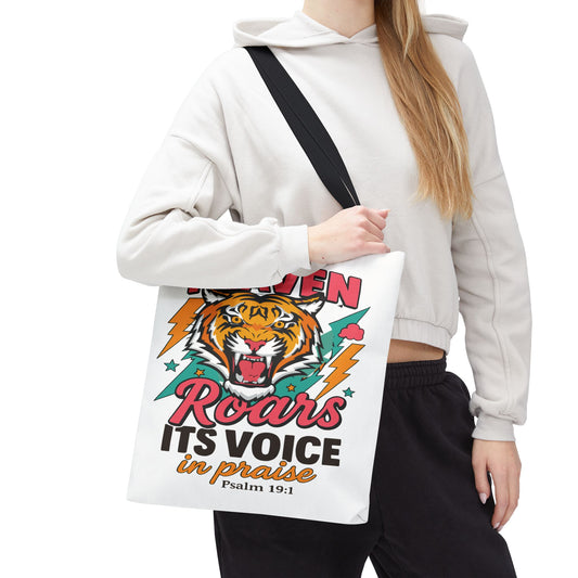Heaven Roars Tote Bag – Christian Faith Tote with Tiger & Lightning Design (AOP)