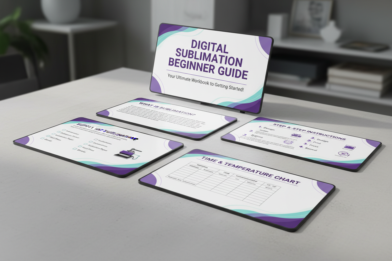 Sublimation Beginner Guide Workbook - Multiple page preview showing supply lists, instructions, and charts