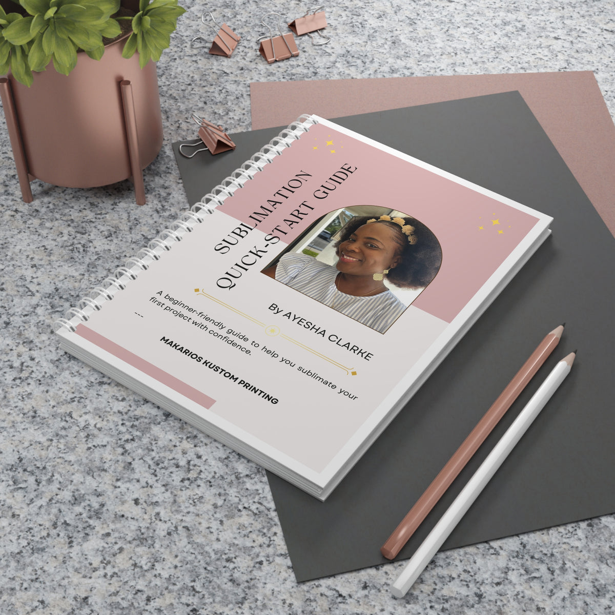 “Sublimation Beginner Workbook cover featuring a modern rust and beige design with bold typography and Makarios Kustom Printing branding.”